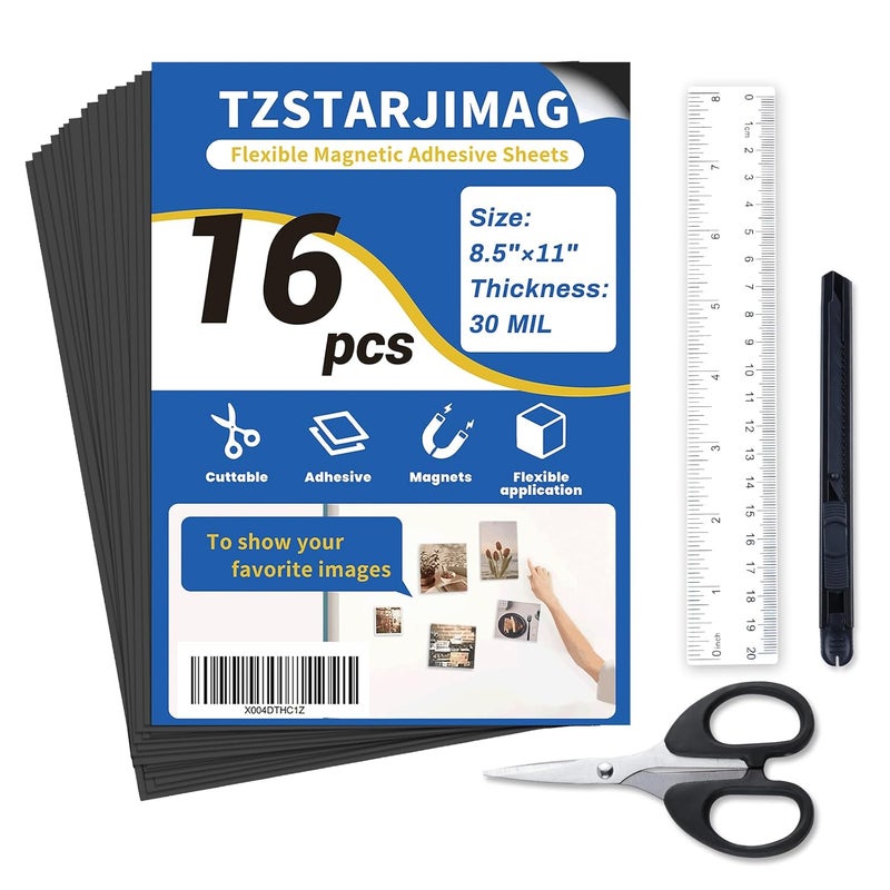 TZSTARJIMAG Magnetic Sheets with Adhesive Backing,8.5" x 11"(Pack of 16),30 mil Thick Cuttable Flexible Magnet Sheets for DIY Crafts,Photos and Stickers,Magnetic Paper with Strong Self Adhesive - Image 1